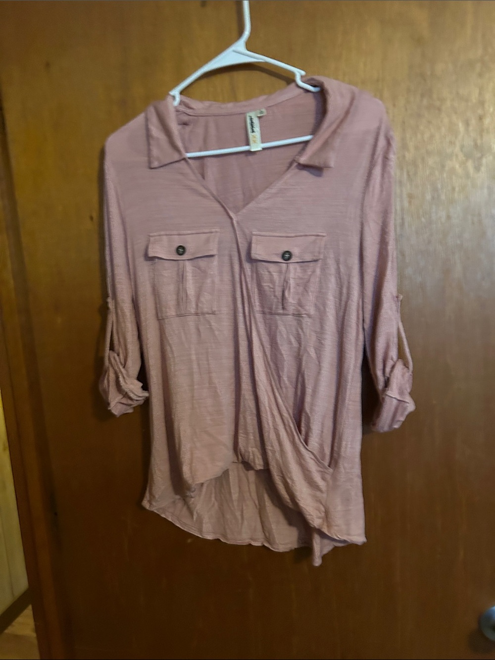 LARA Dusty Rose Button-Pocket Surplice Shirt